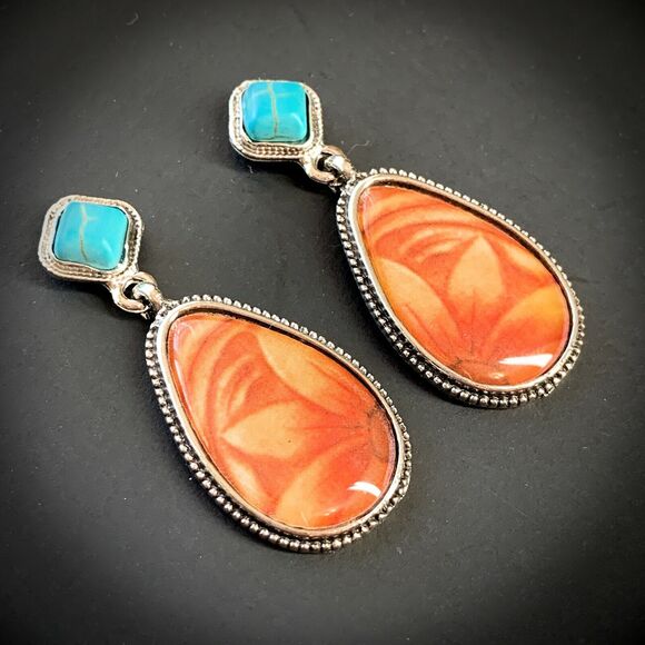 NEW Carved Wood Faux Turquoise Earrings Drop Stud Boho Hippie Flower Silver - Picture 5 of 8